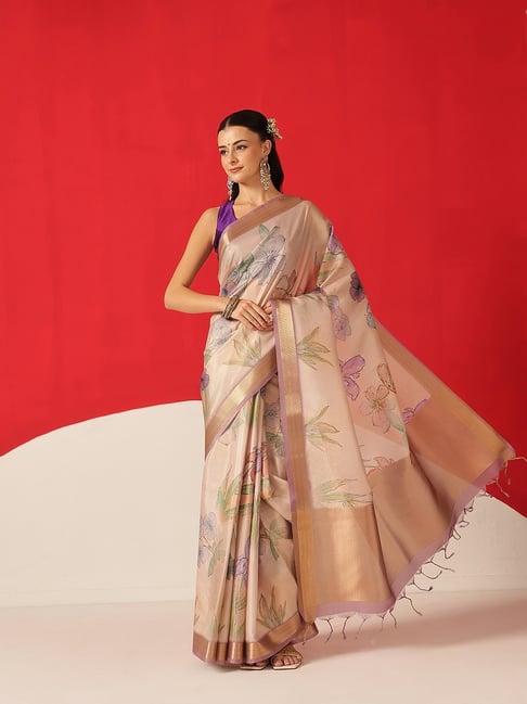 Silk Land Beige Tissue Floral Print Saree-picture-21