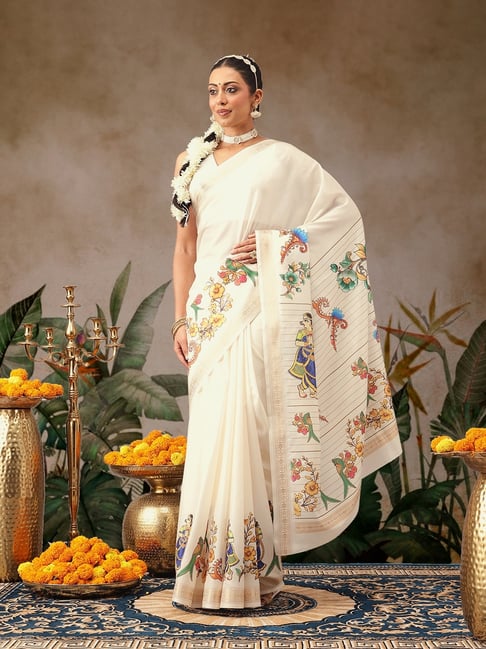 Silk Land Off White Silk Printed Saree With Unstitched Blouse-picture-17