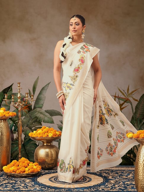 Silk Land Off White Silk Printed Saree With Unstitched Blouse-picture-14