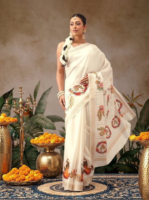 Silk Land Off White Silk Printed Saree With Unstitched Blouse-picture-16