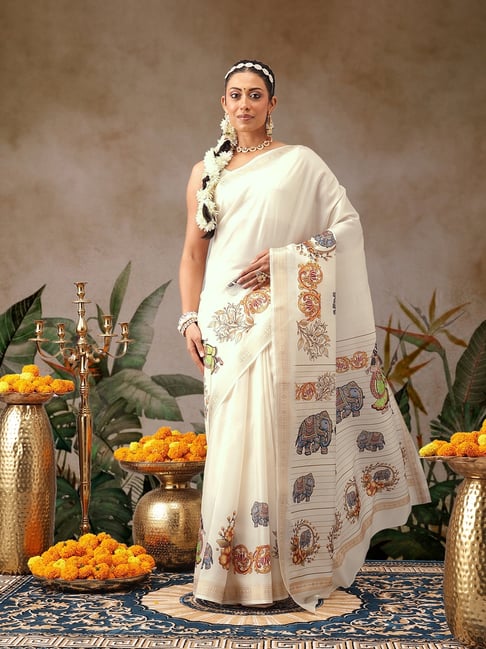 Silk Land Off White Silk Printed Saree With Unstitched Blouse-picture-15