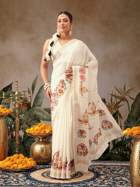Silk Land Off White Silk Printed Saree With Unstitched Blouse-picture-13