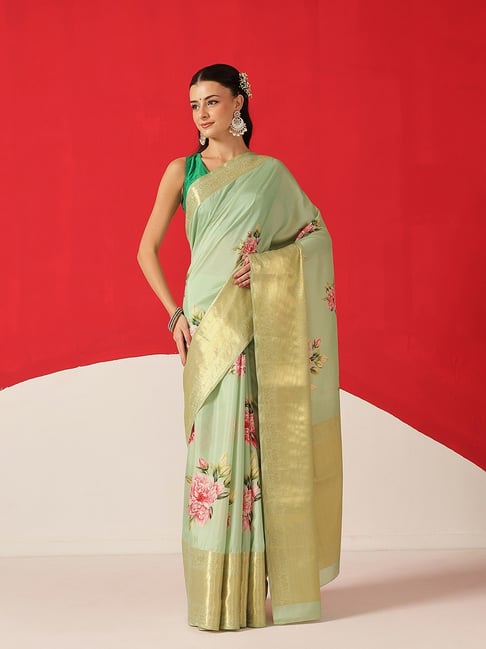 Silk Land Green Silk Floral Print Saree With Unstitched Blouse-picture-41