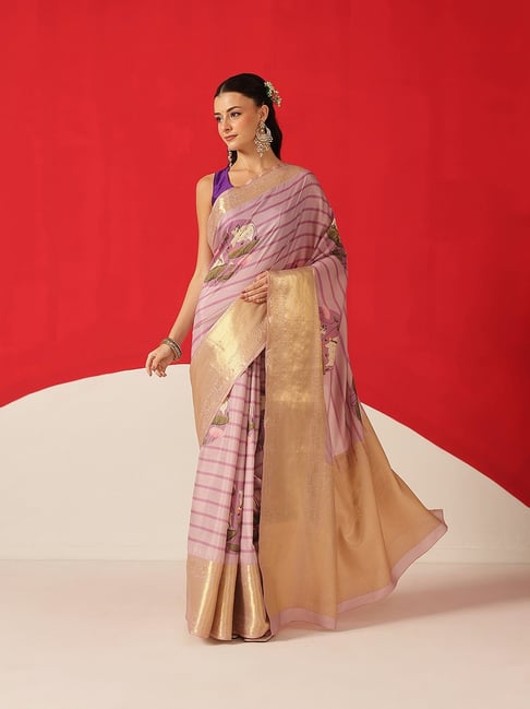 Silk Land Lavender Silk Striped Saree With Unstitched Blouse-picture-25