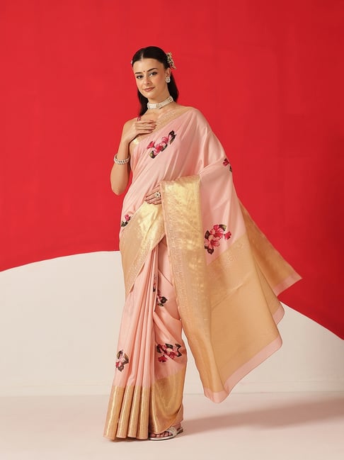 Silk Land Peach Silk Floral Print Saree With Unstitched Blouse-picture-10