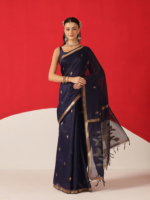 Silk Land Navy Blue Woven Design Saree With Unstitched Blouse-picture-32