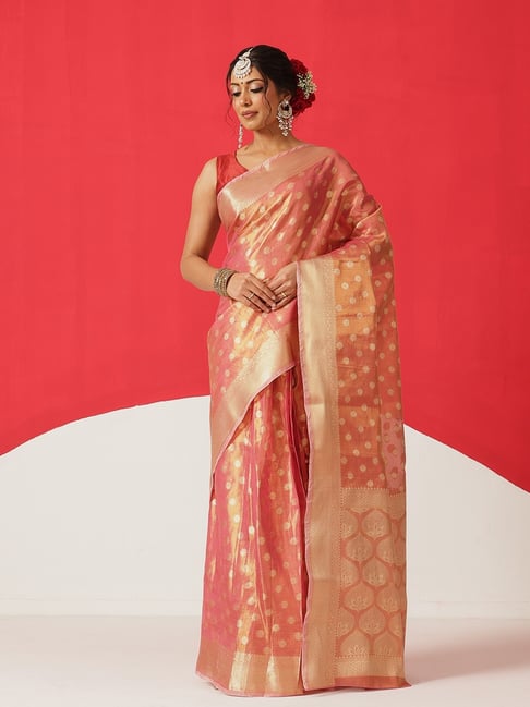 Silk Land Pink Tissue Woven Design Ready To Wear Sarees With Blouse Piece-picture-10