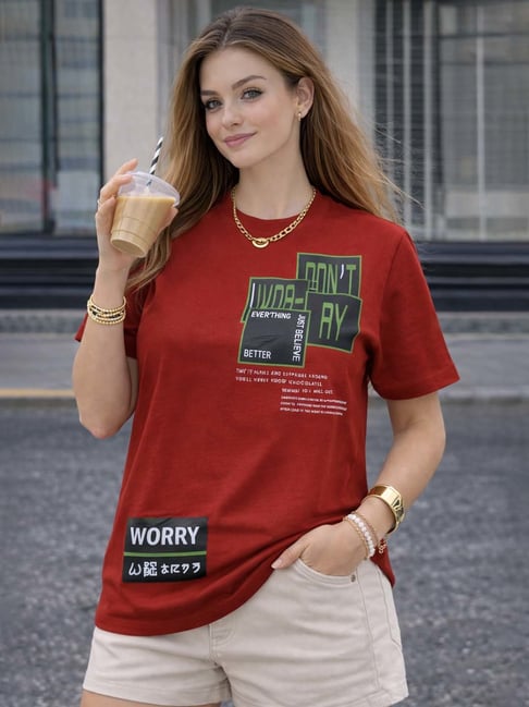 Mack Jonney Maroon Cotton Printed T-Shirt