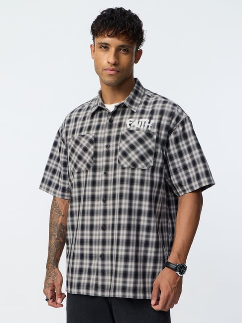 The Souled Store Grey & Black Cotton Loose Fit Checked Shirt-picture-18