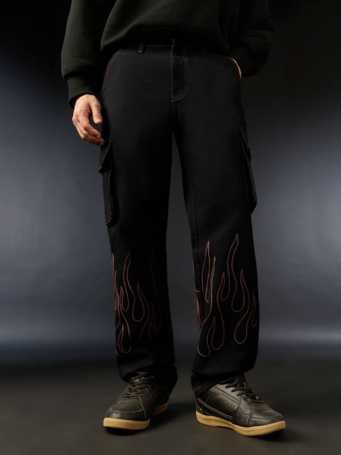 The Souled Store Black Cotton Straight Fit Embroidered Jeans-picture-38