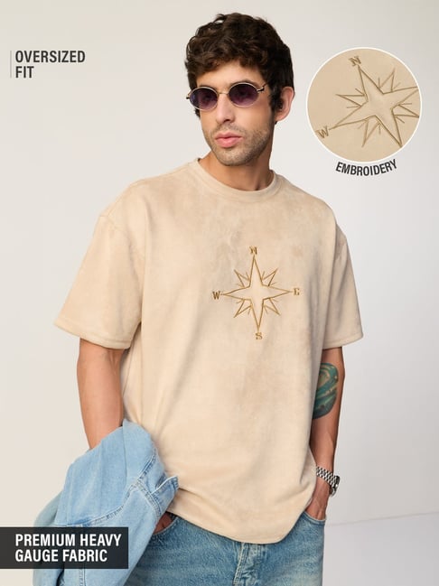 The Souled Store Beige Cotton Loose Fit Embroidered T-Shirt-picture-17