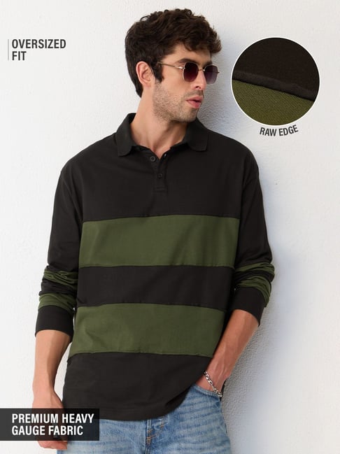 The Souled Store Black Cotton Loose Fit Colourblocked Polo T-Shirt-picture-33