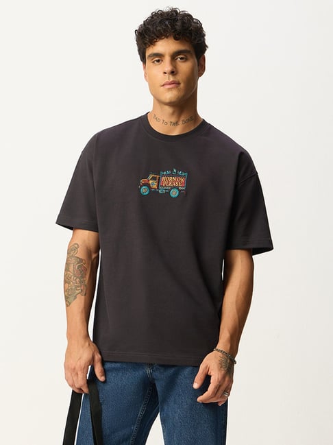 The Souled Store Charcoal Cotton Loose Fit Embroidered T-Shirt-picture-16