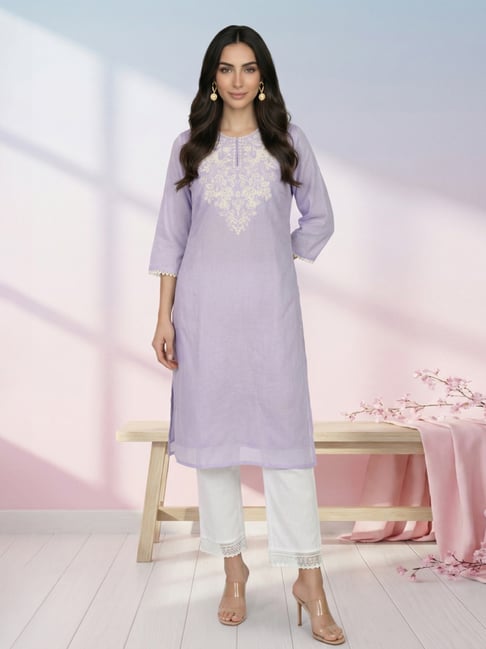 W Lavender Straight Fit Embroidered Kurta-picture-38