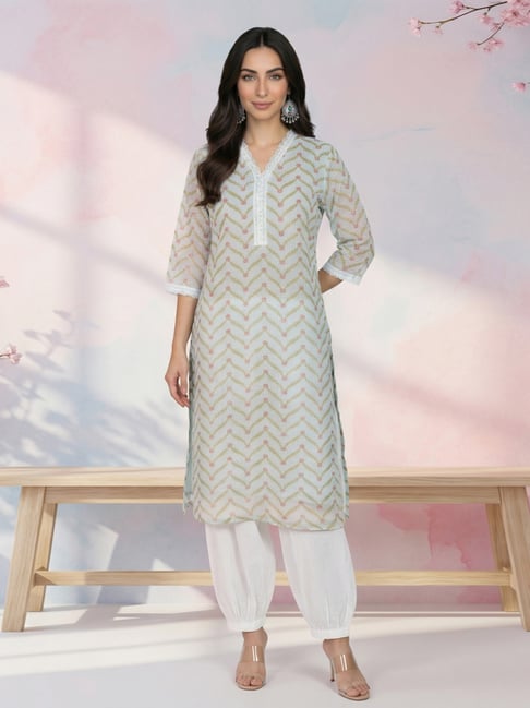 W Mint Green Straight Fit Chevron Kurta-picture-11
