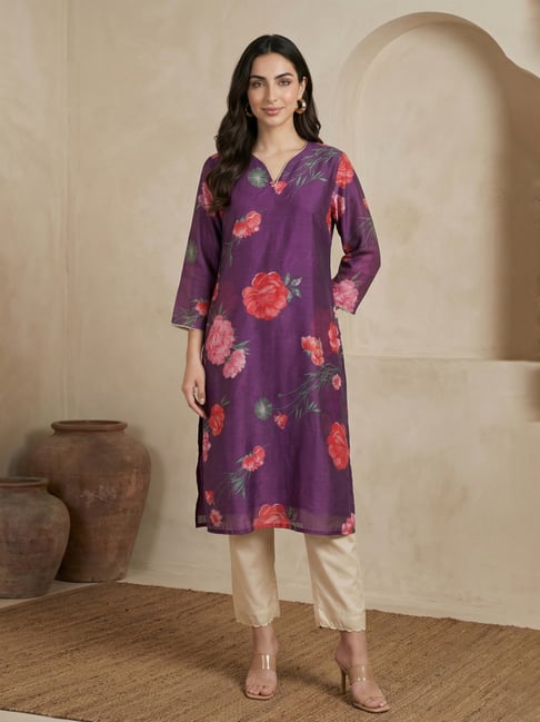 W Purple Straight Fit Floral Print Kurta-picture-44