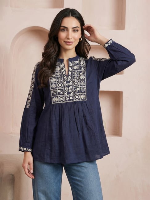 W Navy Blue Cotton Regular Fit Embroidered Kurti-picture-46