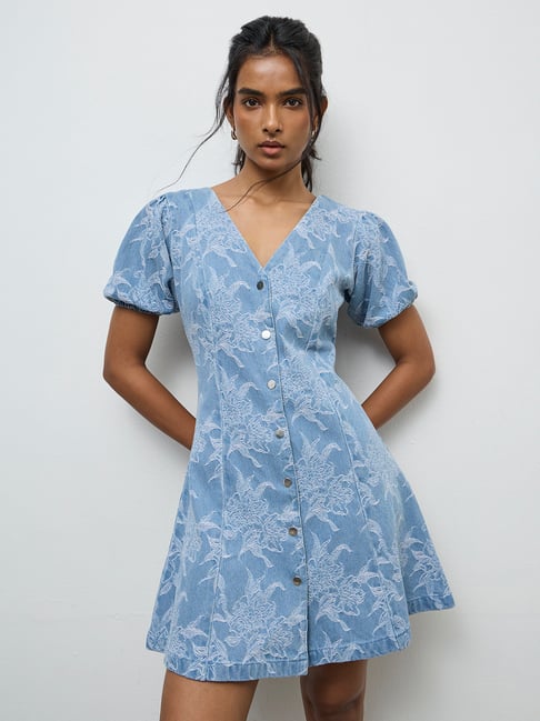 LOV by Westside Blue Floral Embroidered A-Line Denim Dress