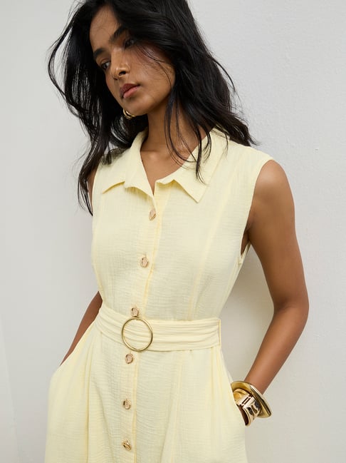 LOV by Westside Light Yellow Crinkle-Textured Cotton A-Line Dress