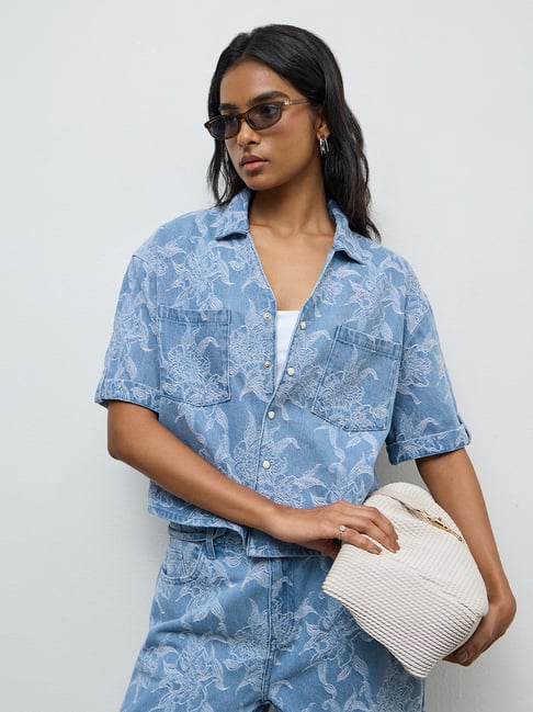 LOV by Westside Blue Floral Embroidered Denim Shirt-picture-31