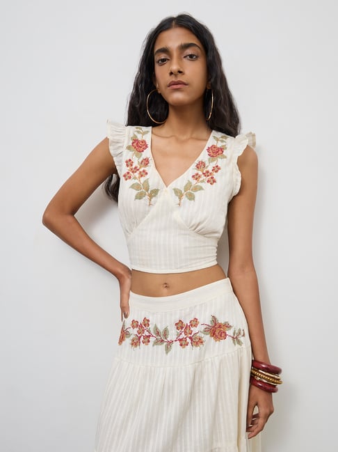 Bombay Paisley by Westside Off-White Floral Embroidered Cotton Top