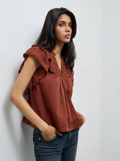 LOV by Westside Rust Ruffle-Detailed Cotton Top