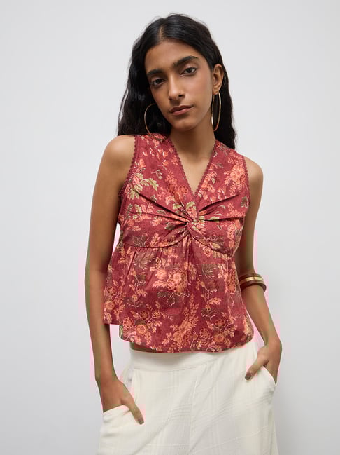 Bombay Paisley by Westside Rust Floral Design Ruched Cotton Top