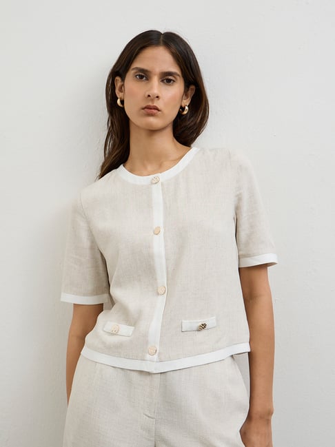 Wardrobe by Westside Light Beige Contrast-Detailed Cotton Blouse