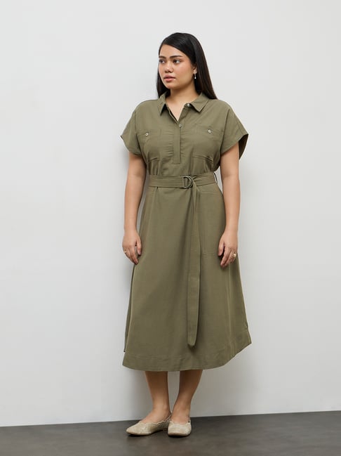 westside olive green dress strapless open back dress Buy Wardrobe Olive Solid Shirt Dress with Belt  from Westside