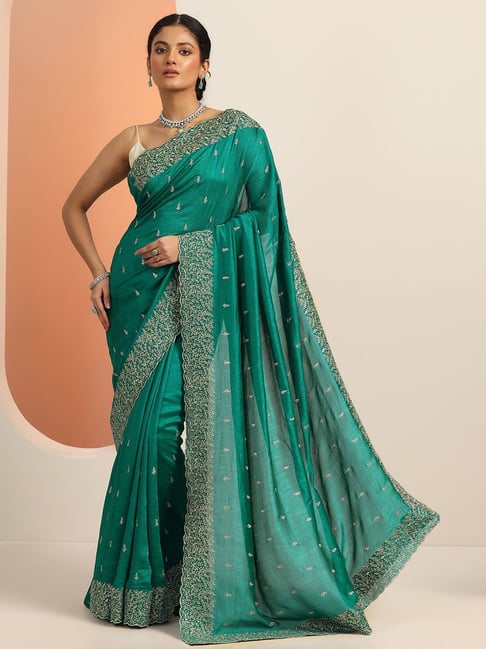 Libas Green Embellished Saree With Unstitched Blouse-picture-20