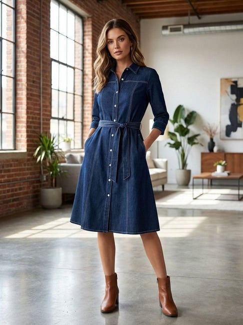 Autumnlane Blue Solid Midi Dress-image-28