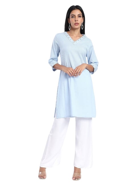 R&B Light Blue Cotton Regular Fit Embroidered Kurta-picture-40
