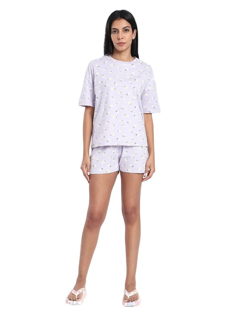 R&B Purple Cotton Regular Fit Floral Print Night Suit-picture-14