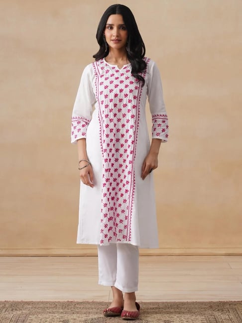 House Of Chikankari White Chambray Thread Work Long Kurta-picture-20