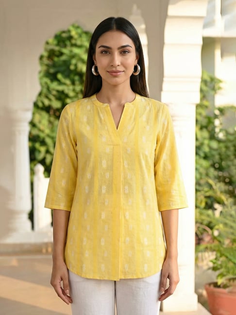Aurelia Yellow Regular Fit Geometric Kurti-picture-14
