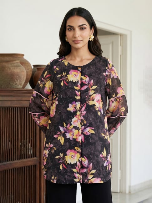 Aurelia Black Regular Fit Floral Print Print Kurti-picture-17