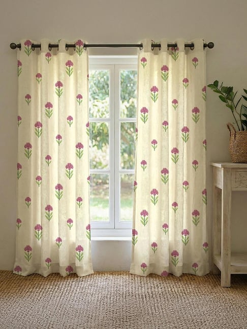 Urban Space Cotton Floral Curtains 7 feet Long for Door Set of 2 (Aster Pink)