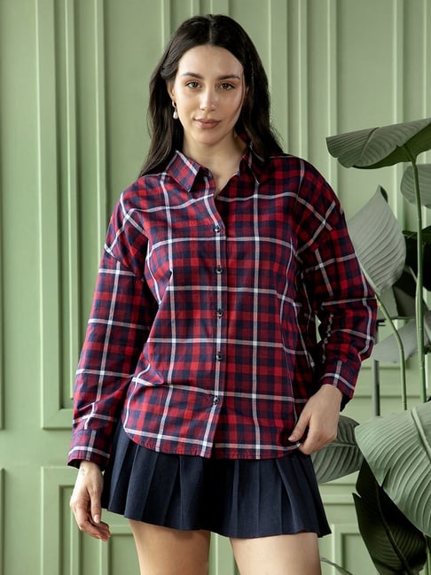 PINACOLADA Red & Blue Cotton Regular Fit Checked Shirt-image-3
