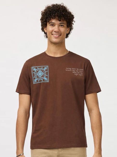 Hoversoul Honey Brown Cotton Relaxed Fit Printed T-Shirt-picture-37