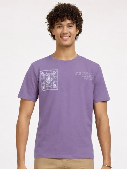 Hoversoul Lavender Cotton Relaxed Fit Printed T-Shirt
