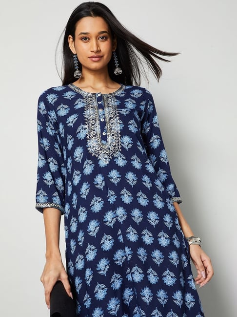 Melange by Lifestyle Women's Indigo Regular Fit Printed Kurta-picture-35