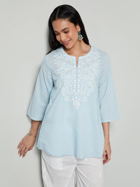 Melange by Lifestyle Women's Light Blue Regular Fit Embroidered Kurti-picture-23