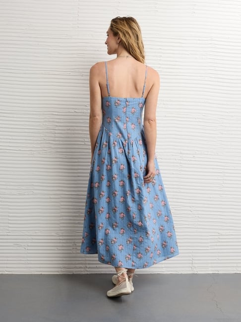 American Eagle Blue Cotton Floral Print Fit & Flare Dress American Eagle Blue Cotton Floral Print Fit & Flare Dress