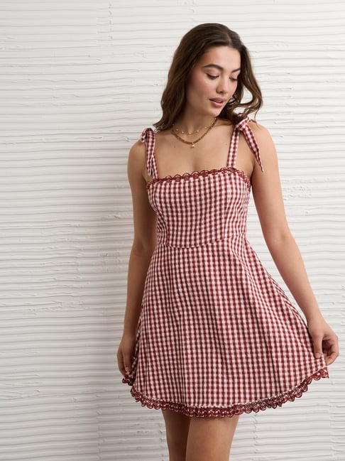 American Eagle Red & White Cotton Checked Fit & Flare Dress