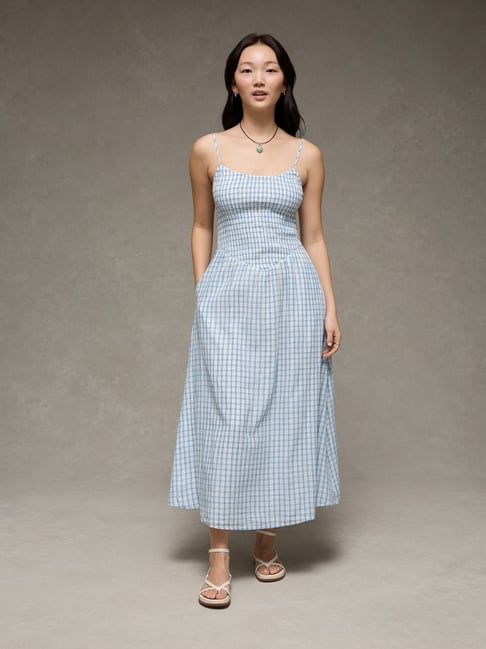 american eagle blue and white dress American Eagle AE Tie-Front Midi Dress available now at University Park Mall
