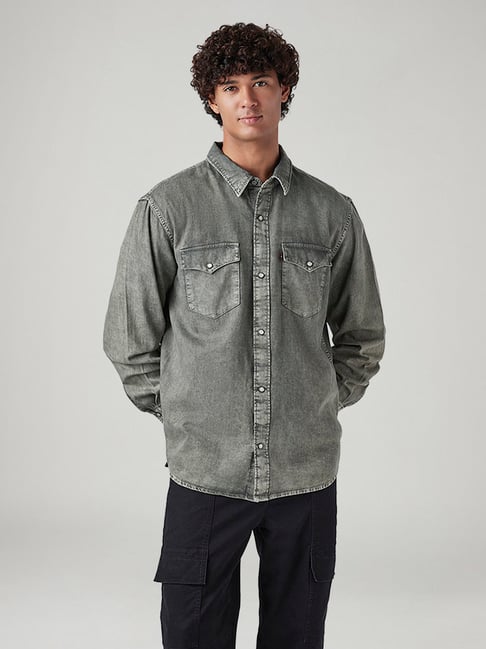 grey dress shirt with jeans Men's Casual Button Down Shirt in Slate Gray Cotton Twill Large