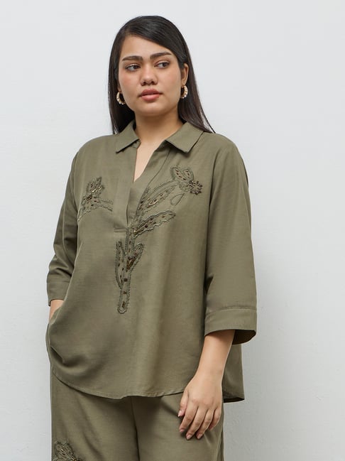 Gia by Westside Olive Floral Embellished Blouse