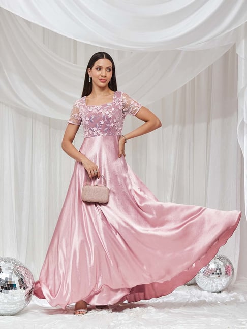 Miss Chase Light Pink Satin Embellished Fit & Flare Dress