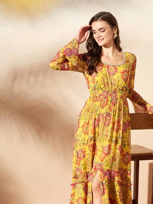 Miss Chase Yellow Chiffon Floral Print Maxi Dress-picture-33