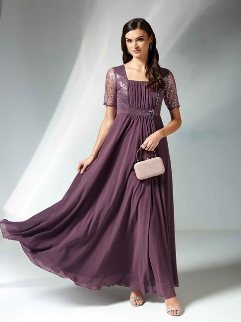 strapless open back dress Purple Full Sleeves Floral Printed Fit and Flare Dress for Women